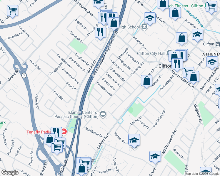 map of restaurants, bars, coffee shops, grocery stores, and more near 21 Forest Way in Clifton