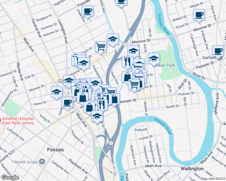 map of restaurants, bars, coffee shops, grocery stores, and more near 81 Washington Place in Passaic