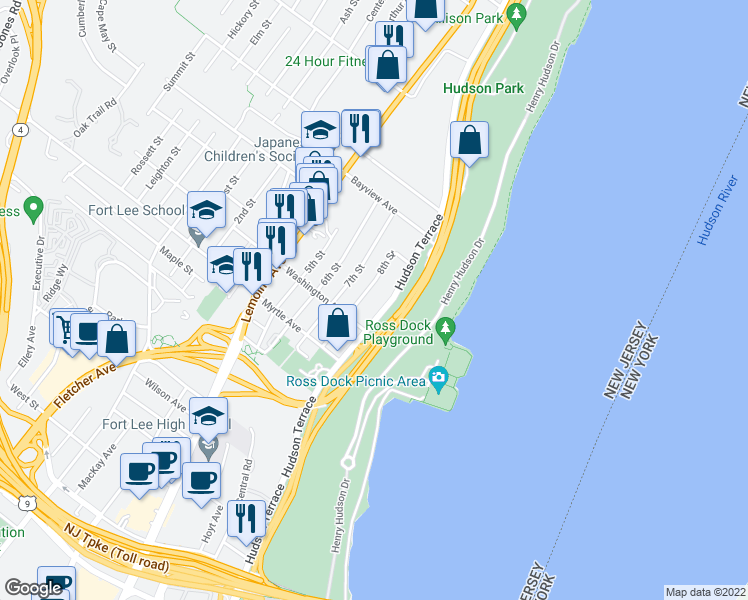 map of restaurants, bars, coffee shops, grocery stores, and more near 2500 Hudson Terrace in Fort Lee
