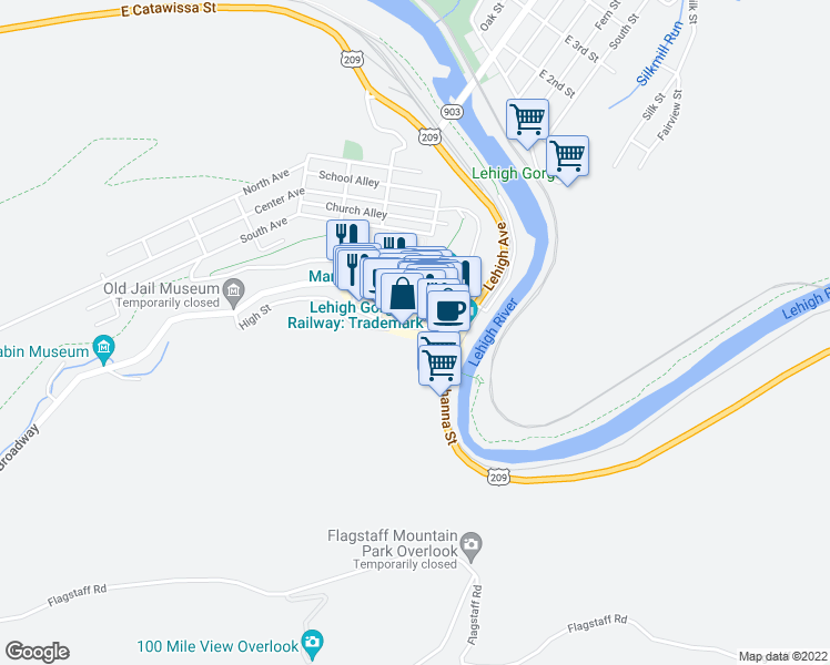 map of restaurants, bars, coffee shops, grocery stores, and more near 23 Race Street in Jim Thorpe