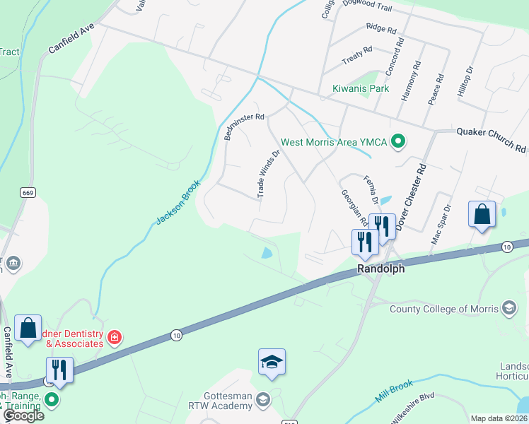 map of restaurants, bars, coffee shops, grocery stores, and more near 17 Trade Winds Drive in Randolph