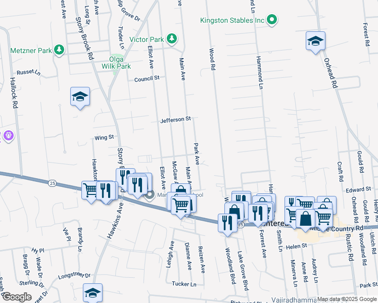 map of restaurants, bars, coffee shops, grocery stores, and more near 63 Main Avenue in Centereach