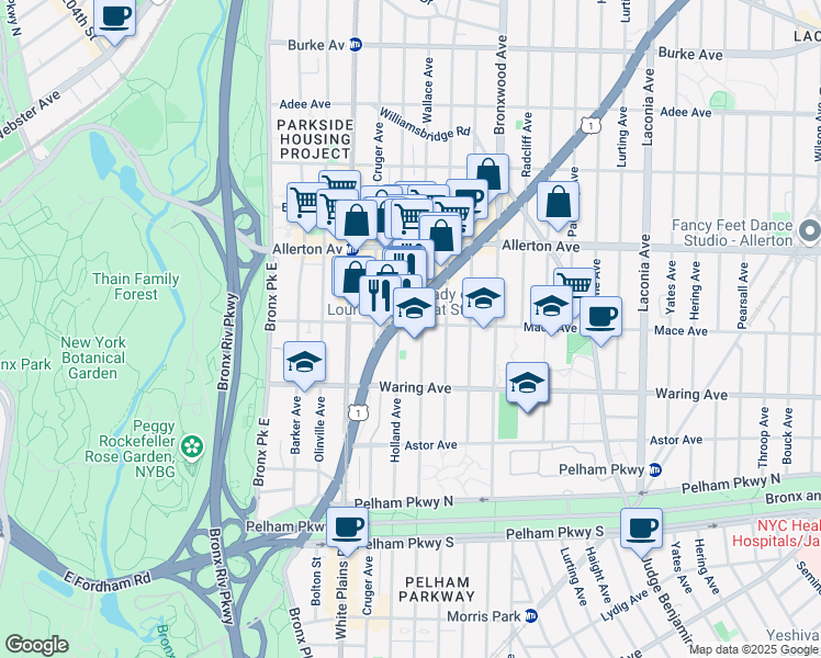 map of restaurants, bars, coffee shops, grocery stores, and more near 770 Mace Avenue in The Bronx