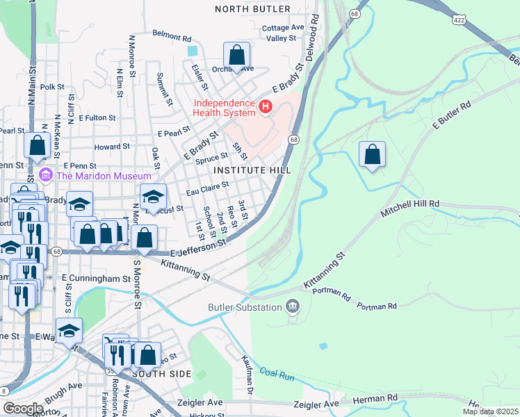 map of restaurants, bars, coffee shops, grocery stores, and more near 531 Carbon Street in Butler