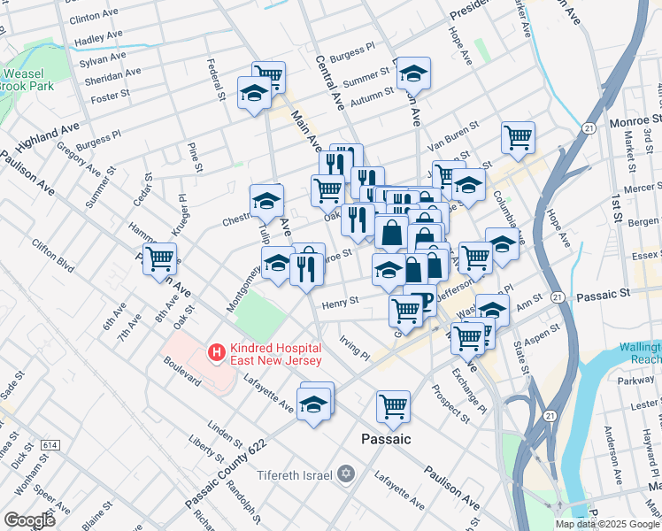 map of restaurants, bars, coffee shops, grocery stores, and more near 389 Monroe Street in Passaic