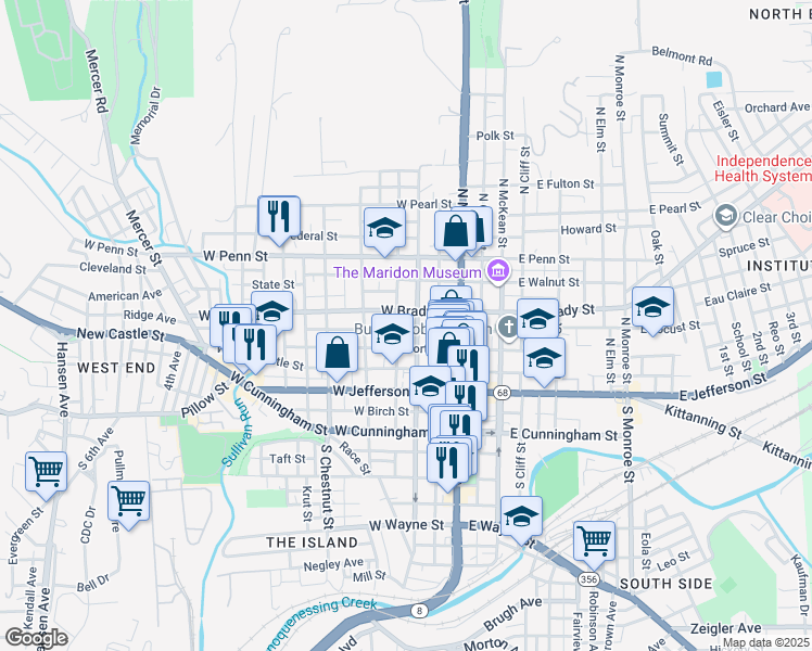 map of restaurants, bars, coffee shops, grocery stores, and more near 216 North Washington Street in Butler
