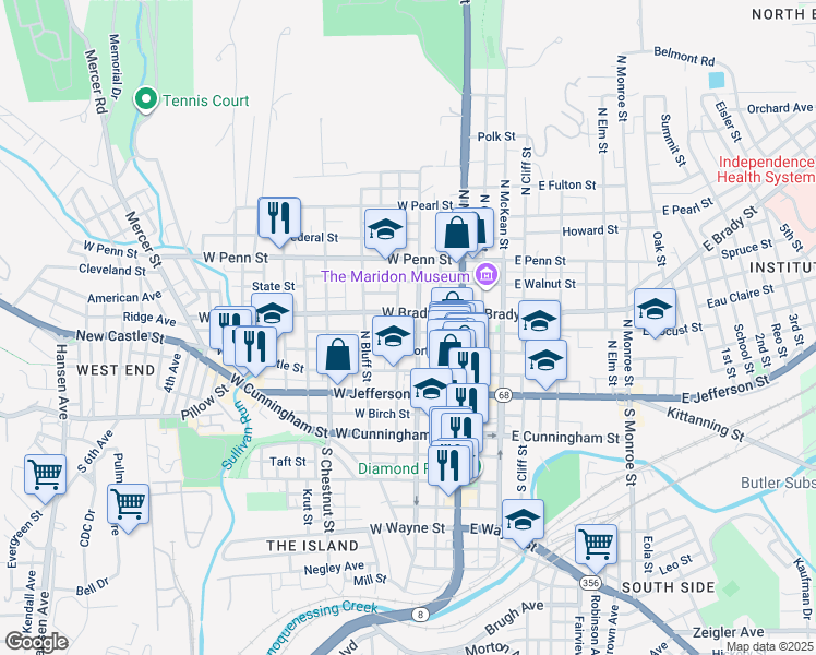 map of restaurants, bars, coffee shops, grocery stores, and more near 218 North Washington Street in Butler