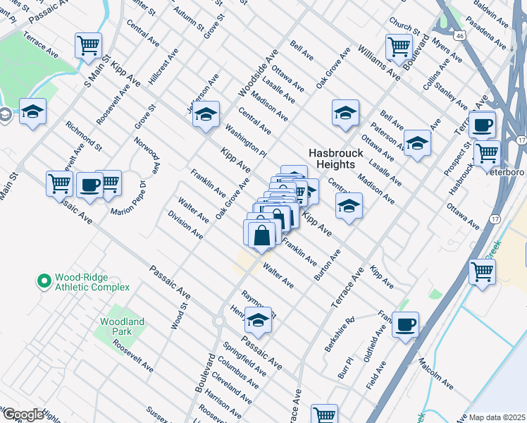 map of restaurants, bars, coffee shops, grocery stores, and more near 142 Jefferson Ave in Hasbrouck Heights