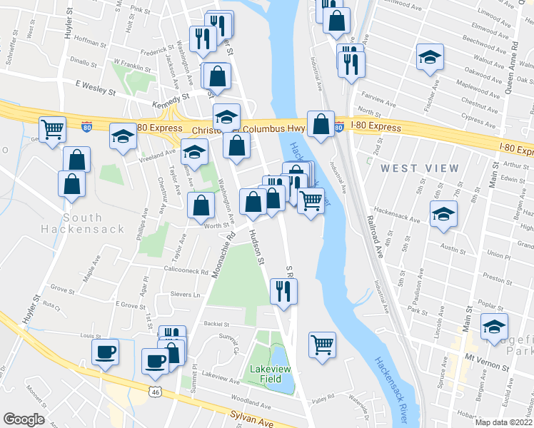 map of restaurants, bars, coffee shops, grocery stores, and more near 490 Gardner Place in Hackensack