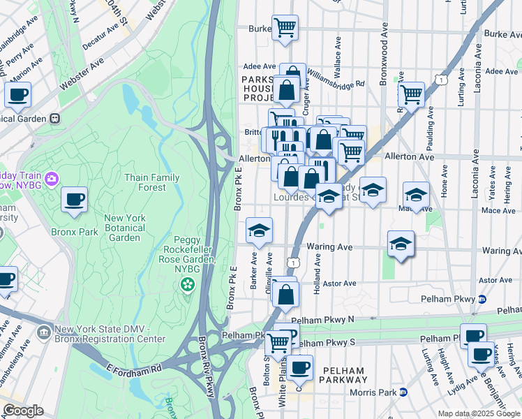 map of restaurants, bars, coffee shops, grocery stores, and more near 660 Mace Avenue in The Bronx