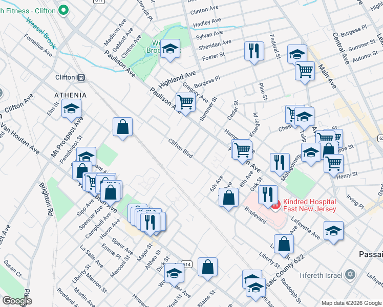 map of restaurants, bars, coffee shops, grocery stores, and more near 44 Clifton Boulevard in Clifton