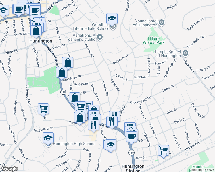 map of restaurants, bars, coffee shops, grocery stores, and more near 252 Nassau Road in Huntington