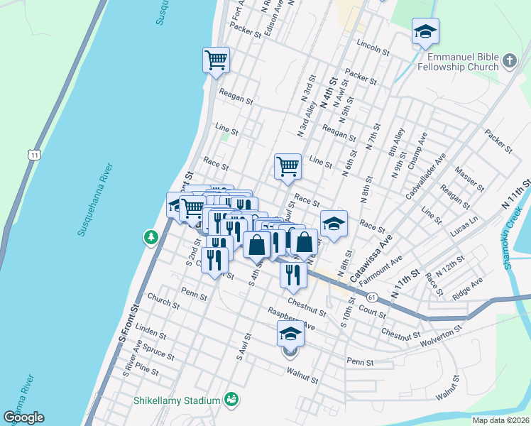 map of restaurants, bars, coffee shops, grocery stores, and more near 340 Arch Street in Sunbury