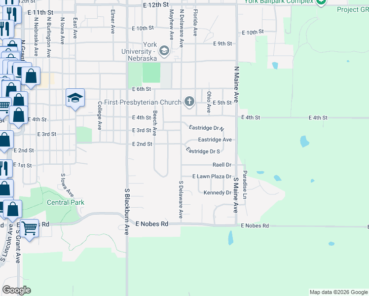 map of restaurants, bars, coffee shops, grocery stores, and more near 2 Eastridge Drive South in York