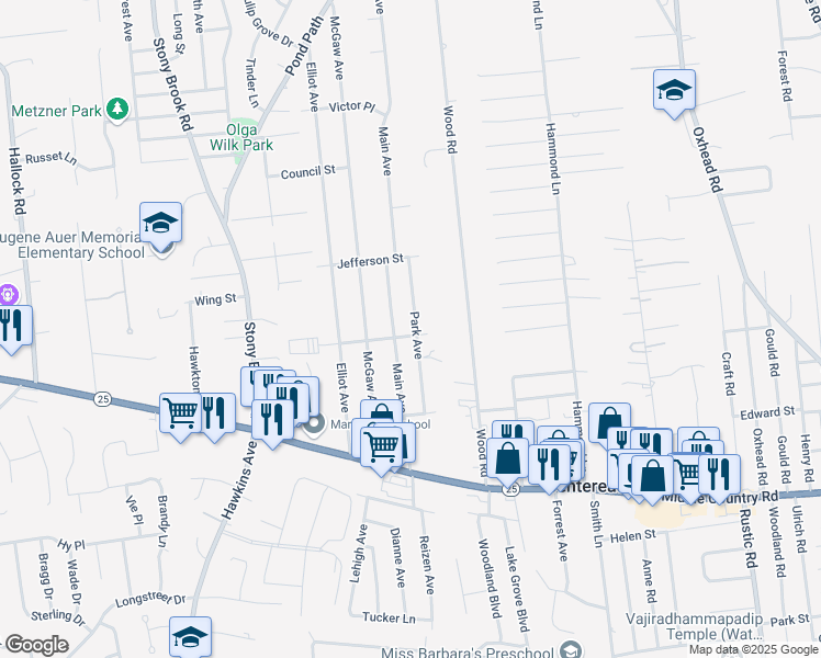 map of restaurants, bars, coffee shops, grocery stores, and more near 19 Wildwood Street in Lake Grove