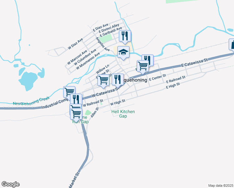 map of restaurants, bars, coffee shops, grocery stores, and more near 106 West Railroad Street in Nesquehoning