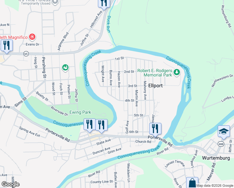 map of restaurants, bars, coffee shops, grocery stores, and more near 312 Hazen Avenue in Ellwood City