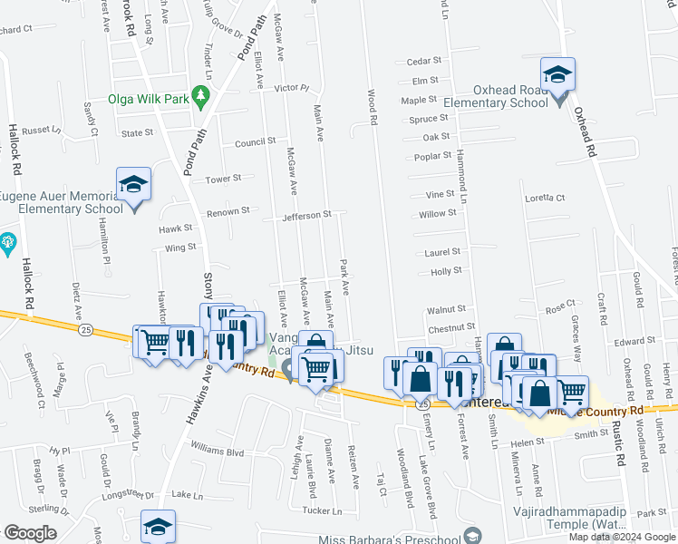 map of restaurants, bars, coffee shops, grocery stores, and more near 532 Park Avenue in Centereach