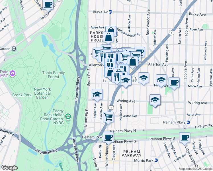 map of restaurants, bars, coffee shops, grocery stores, and more near 2506 White Plains Road in The Bronx