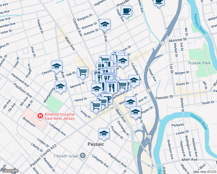 map of restaurants, bars, coffee shops, grocery stores, and more near 26 Lexington Avenue in Passaic