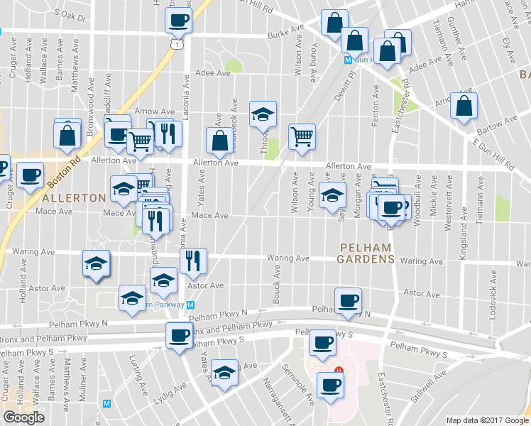 map of restaurants, bars, coffee shops, grocery stores, and more near 1255 Mace Avenue in Bronx