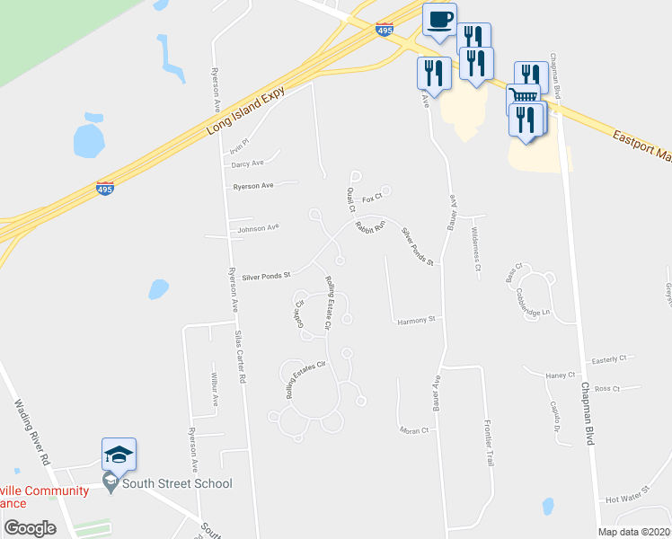 map of restaurants, bars, coffee shops, grocery stores, and more near 115 Owls Nest Court in Manorville