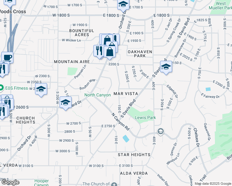 map of restaurants, bars, coffee shops, grocery stores, and more near 2480 150 East in Bountiful