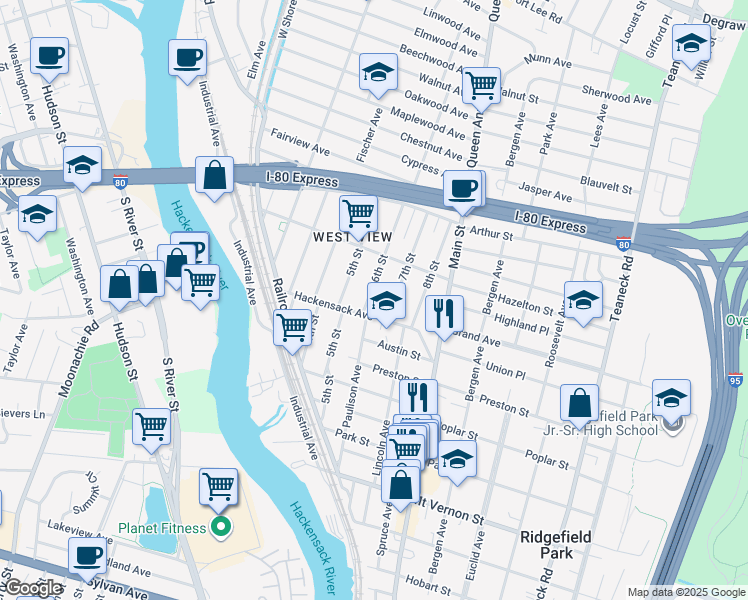 map of restaurants, bars, coffee shops, grocery stores, and more near 15 6th Street in Ridgefield Park