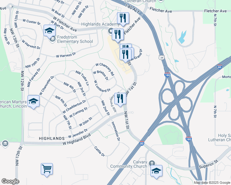 map of restaurants, bars, coffee shops, grocery stores, and more near 5139 Northwest Pemberly Lane in Lincoln