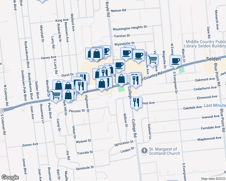 map of restaurants, bars, coffee shops, grocery stores, and more near 1064 Middle Country Road in Selden