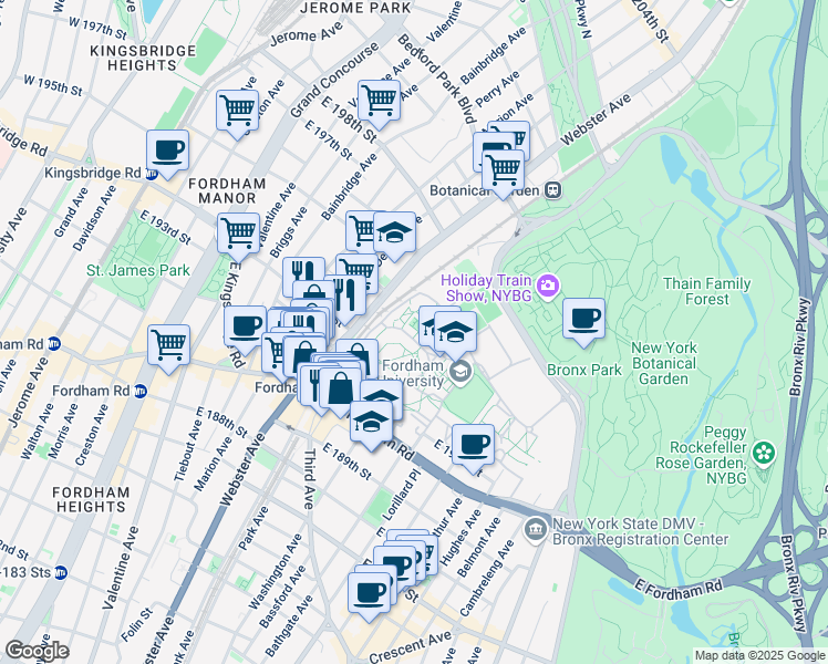 map of restaurants, bars, coffee shops, grocery stores, and more near 403 East Fordham Road in The Bronx