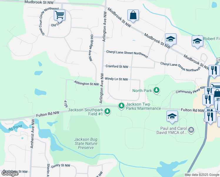 map of restaurants, bars, coffee shops, grocery stores, and more near 8091 Windward Trace Circle Northwest in Massillon