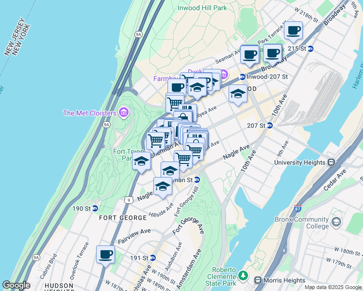 map of restaurants, bars, coffee shops, grocery stores, and more near 140 Dyckman Street in New York