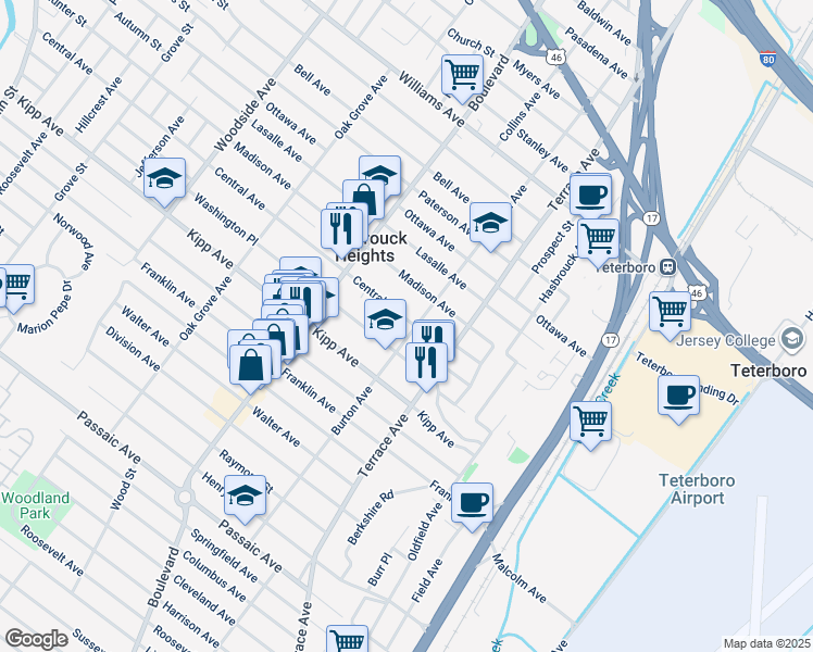 map of restaurants, bars, coffee shops, grocery stores, and more near 191 Burton Ave in Hasbrouck Heights