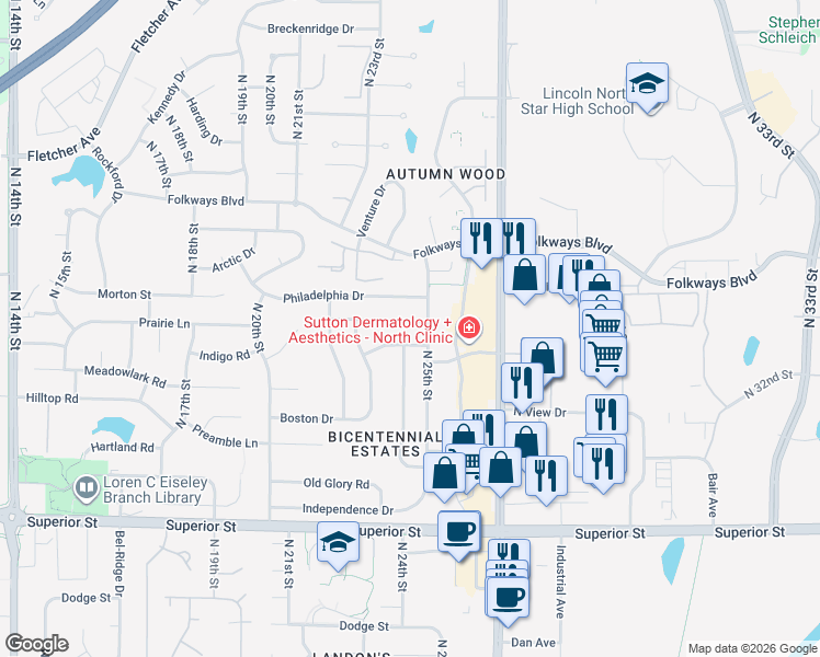 map of restaurants, bars, coffee shops, grocery stores, and more near 2421 Liberty Bell Ln in Lincoln