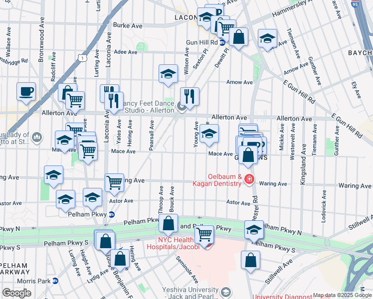 map of restaurants, bars, coffee shops, grocery stores, and more near 1285 Mace Avenue in Bronx