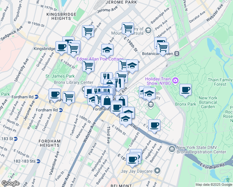 map of restaurants, bars, coffee shops, grocery stores, and more near 2603 Webster Avenue in Bronx
