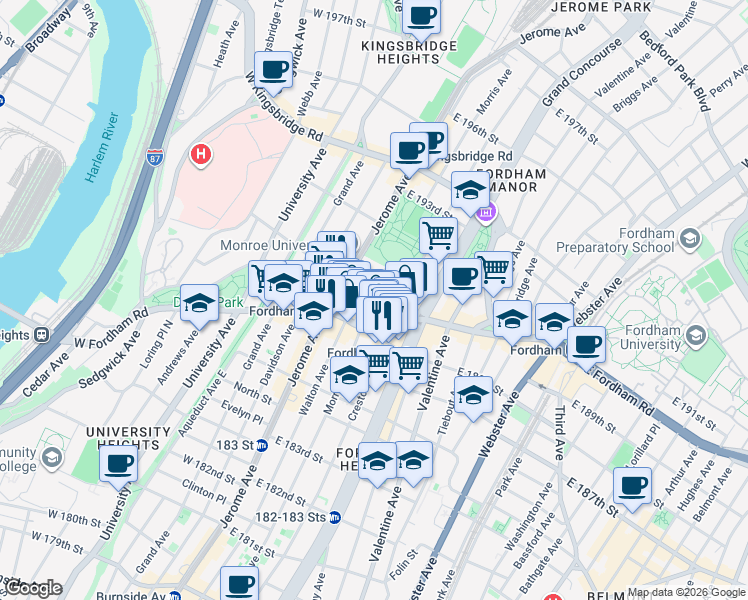 map of restaurants, bars, coffee shops, grocery stores, and more near 58 East 190th Street in Bronx