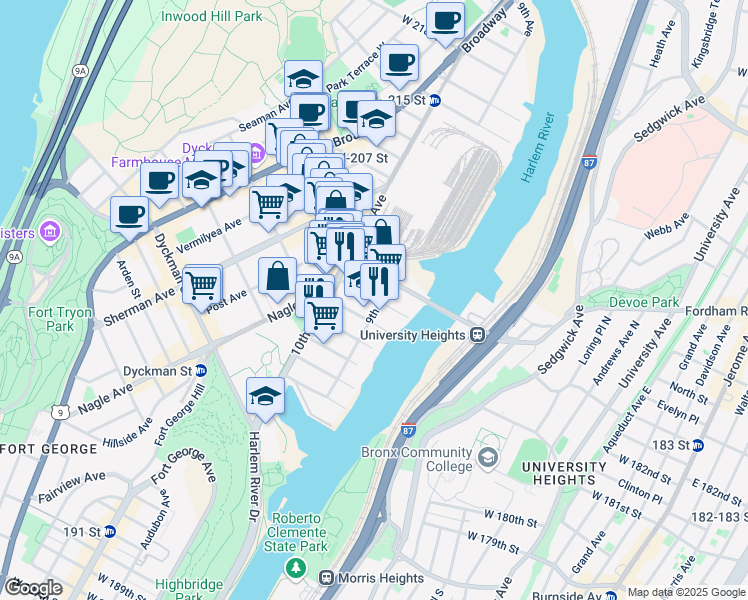 map of restaurants, bars, coffee shops, grocery stores, and more near 407 West 205th Street in New York