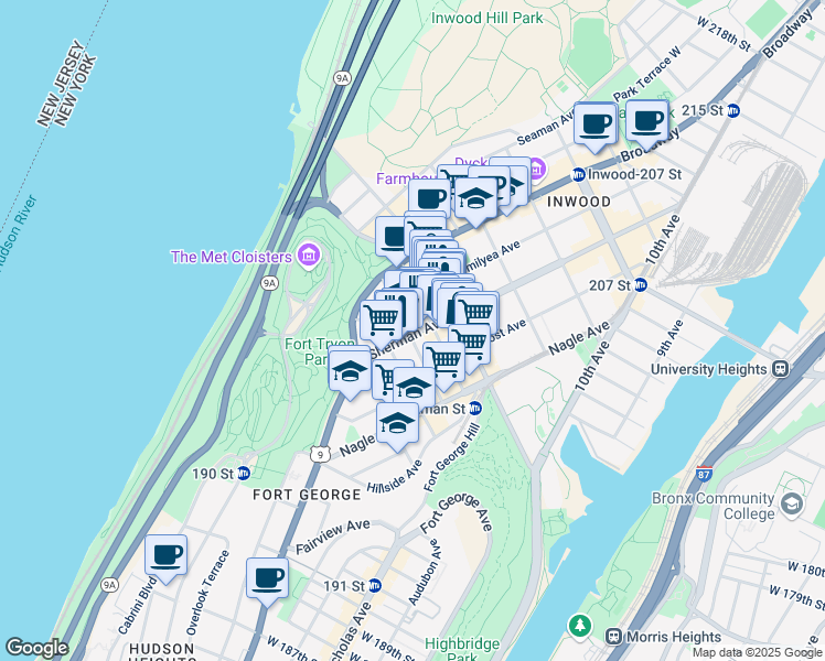 map of restaurants, bars, coffee shops, grocery stores, and more near 48 Sherman Avenue in New York