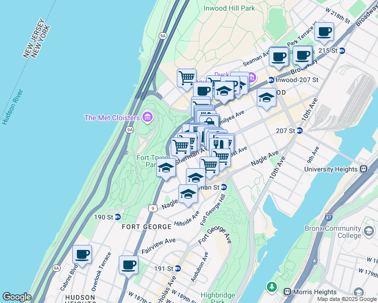 map of restaurants, bars, coffee shops, grocery stores, and more near 48 Sherman Avenue in New York
