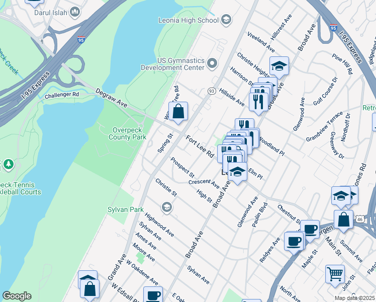 map of restaurants, bars, coffee shops, grocery stores, and more near in Leonia