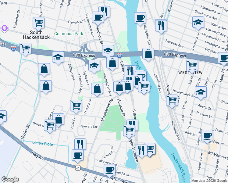 map of restaurants, bars, coffee shops, grocery stores, and more near 487 Hudson Street in Hackensack