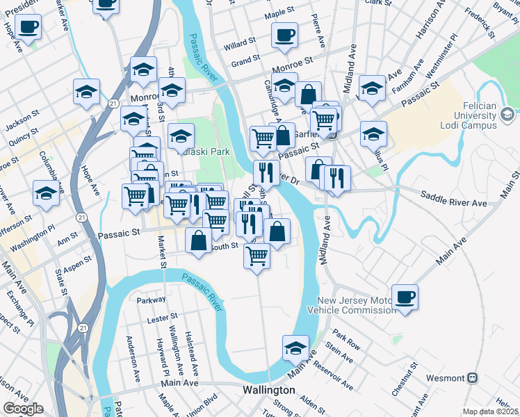 map of restaurants, bars, coffee shops, grocery stores, and more near 190 8th Street in Passaic