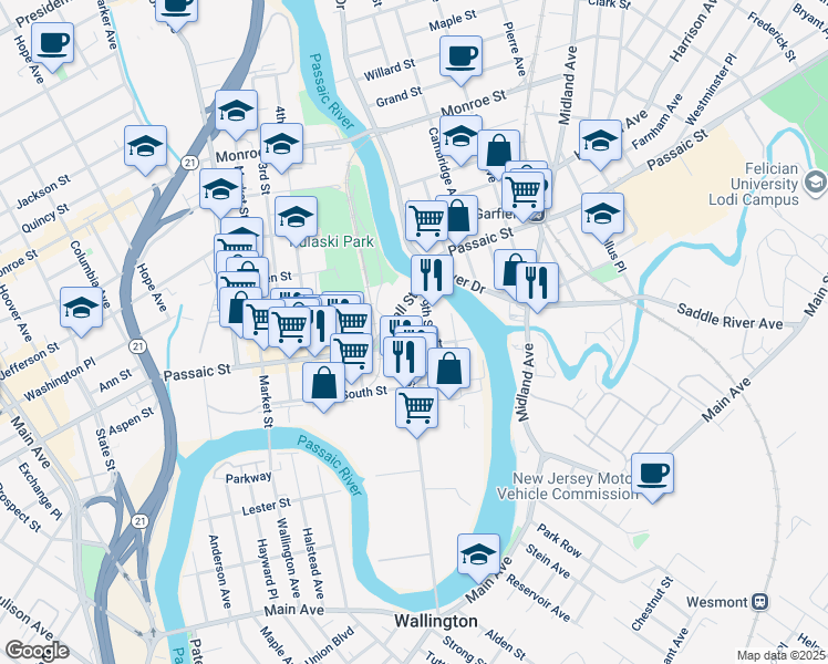 map of restaurants, bars, coffee shops, grocery stores, and more near 190 8th Street in Passaic