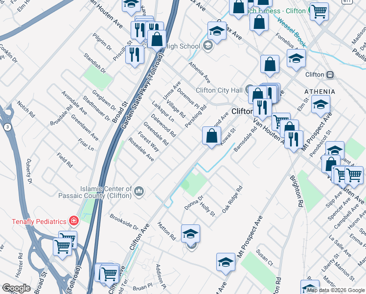 map of restaurants, bars, coffee shops, grocery stores, and more near 27 Duane Road in Clifton