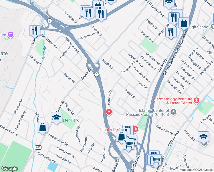 map of restaurants, bars, coffee shops, grocery stores, and more near 140 Doherty Drive in Clifton