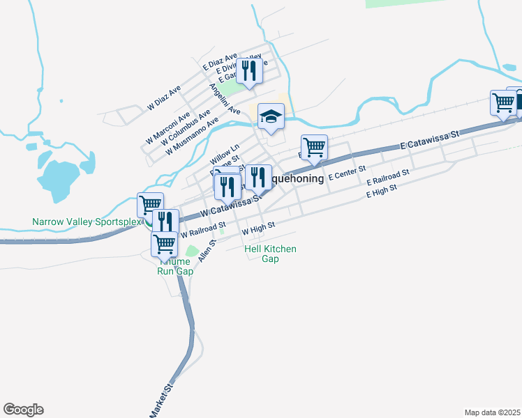 map of restaurants, bars, coffee shops, grocery stores, and more near 106 West Railroad Street in Nesquehoning