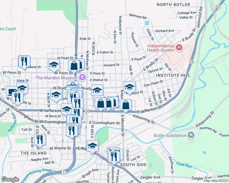 map of restaurants, bars, coffee shops, grocery stores, and more near 324 East Locust Street in Butler