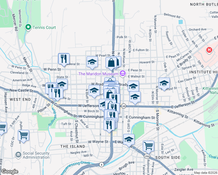 map of restaurants, bars, coffee shops, grocery stores, and more near 219 North Jackson Street in Butler